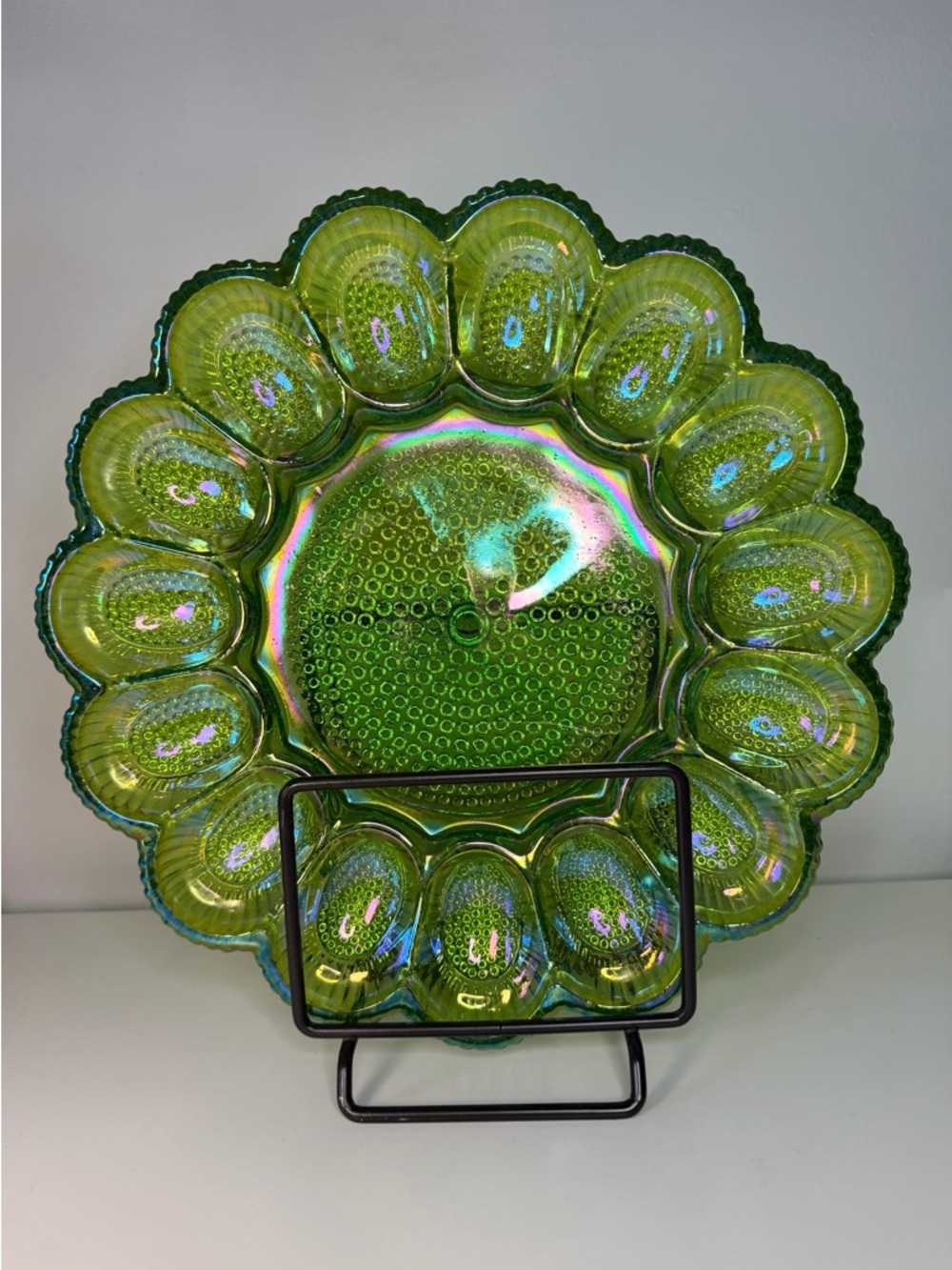 1960s Indiana Glass Carnival Green Hobnail Deviled Egg Plate